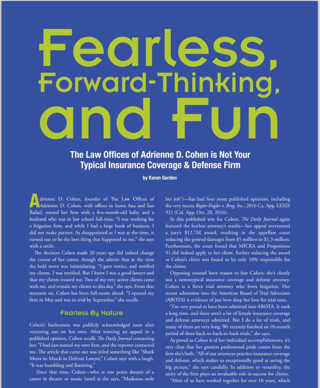 Attorney Journal Article Featuring the Law Offices of Adrienne D. Cohen